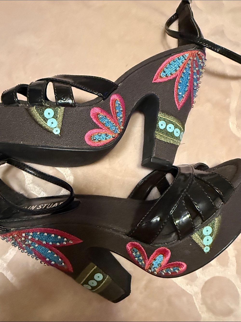 Colin Stuart Black Patent Platform Heels with Pink & Turquoise Embroidery